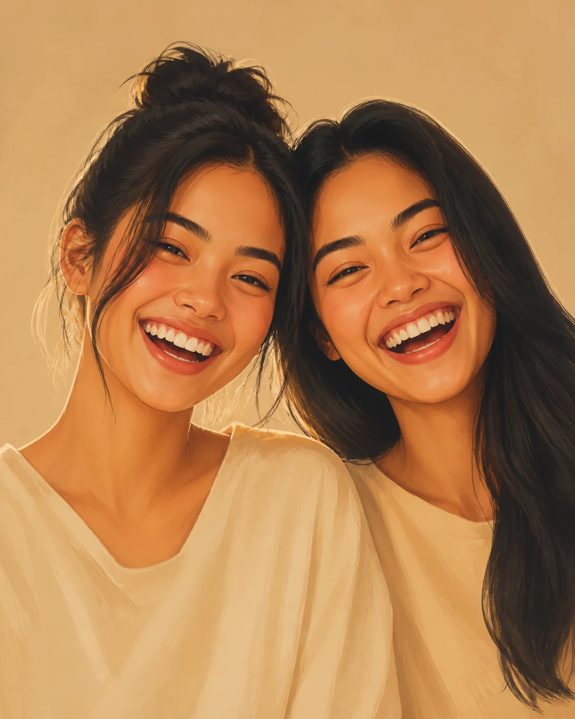 Illustration of two friends leaning in with their heads together, laughing between frames