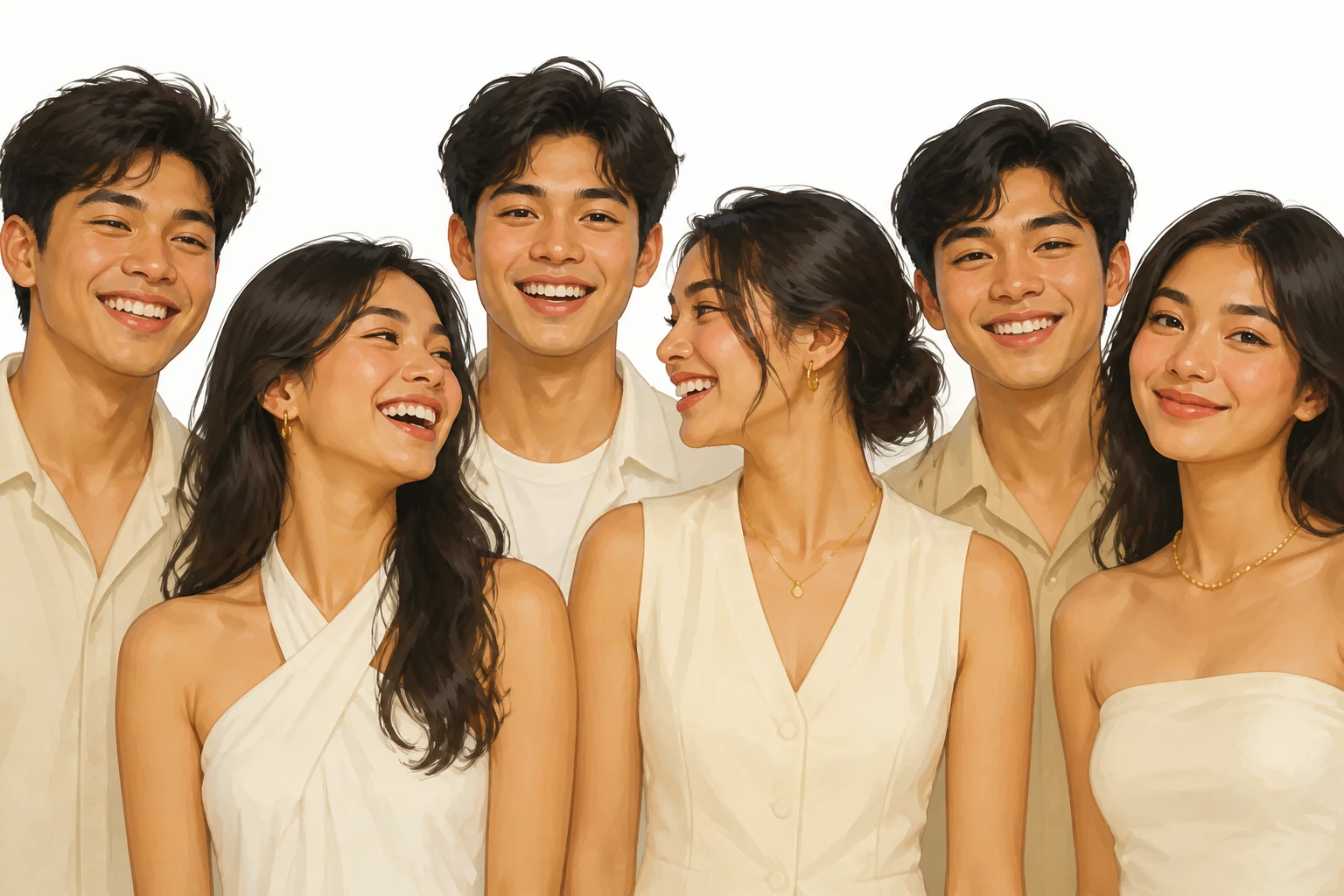 Illustration of a group filling the white backdrop mid-session, frames still coming