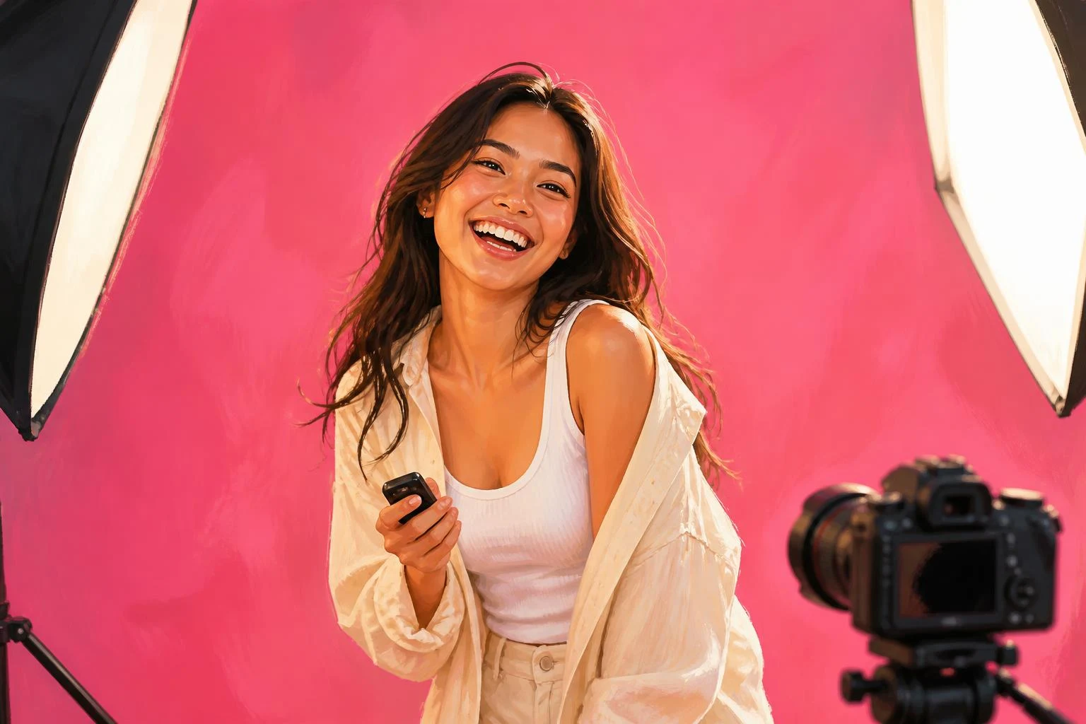 Illustration of a woman laughing mid-pose on the pink seamless backdrop, shutter remote in hand, a softbox at each side