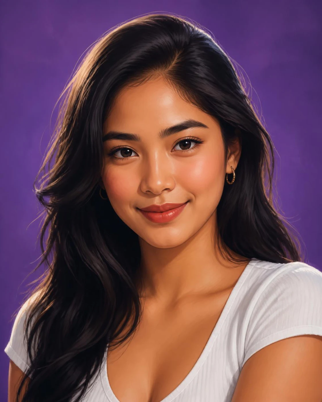 Illustrated portrait of a woman lit against a deep violet paper backdrop