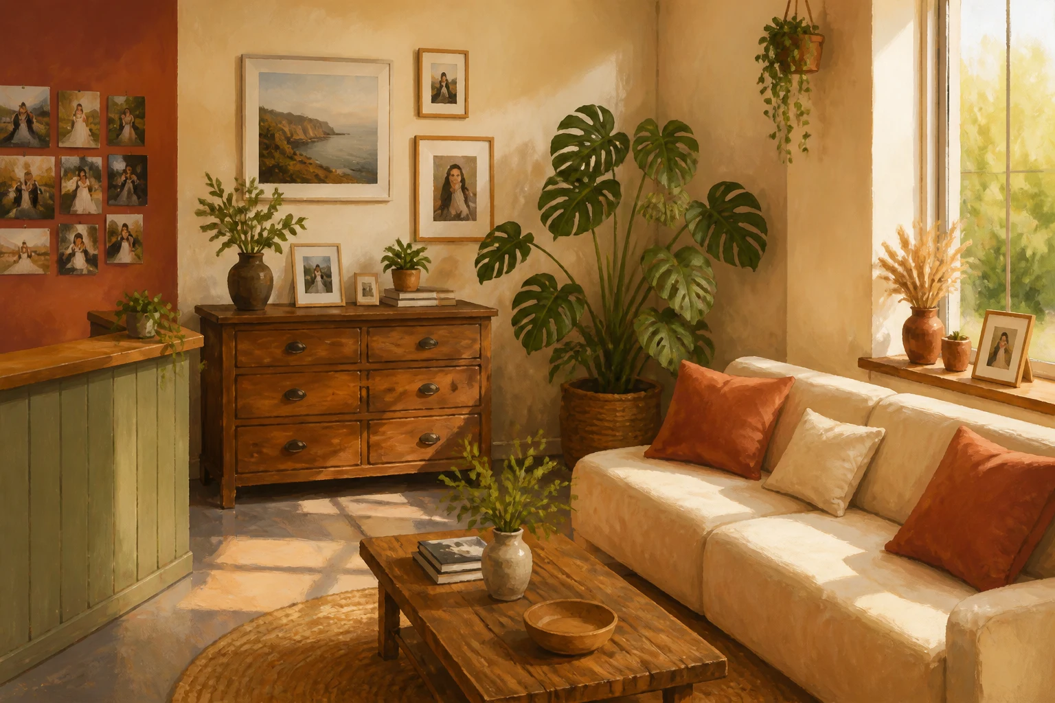 Illustration of the reception lounge, with a low sofa, a plant and a dresser