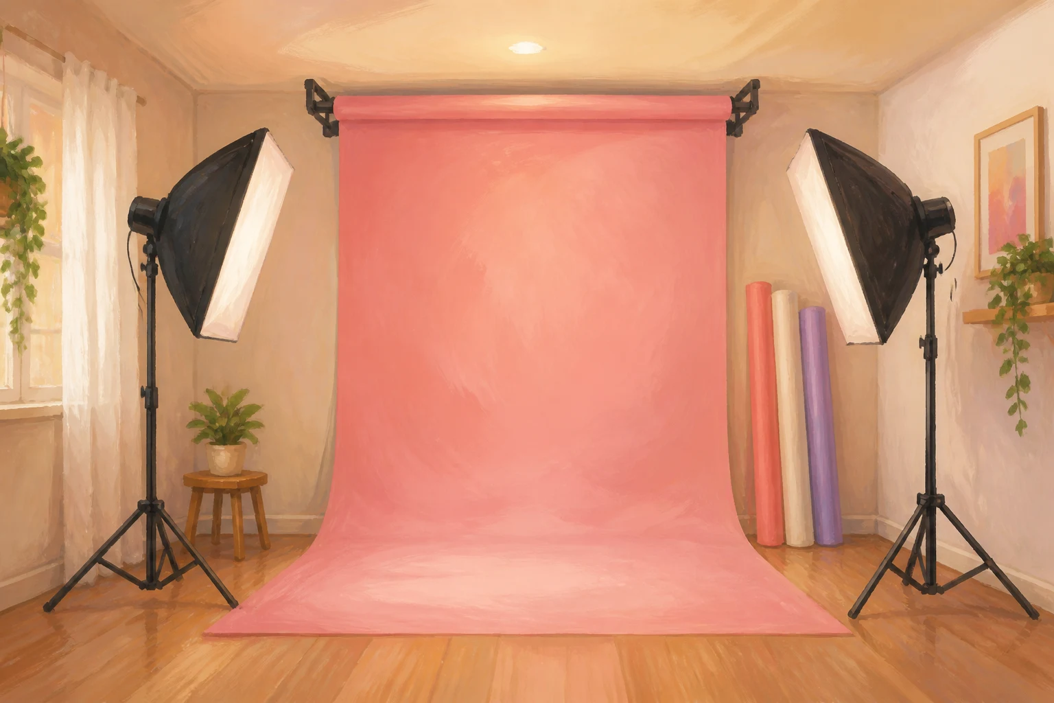 Illustration of the main floor: pink seamless backdrop, softboxes and paper rolls ready