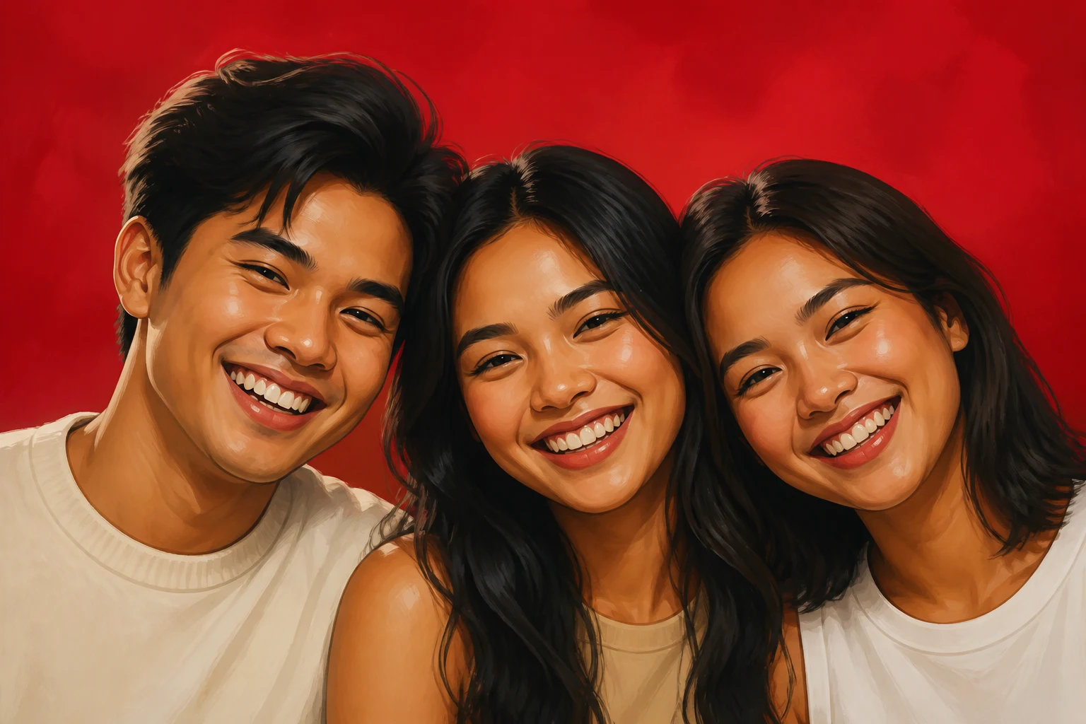 Illustration of three friends laughing with their heads together against the red seamless backdrop